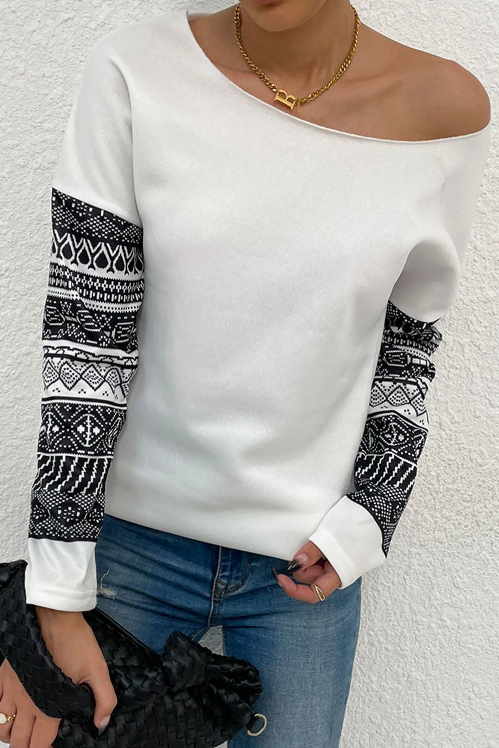 * APP EXCLUSIVE* Boat Neck Long Printed Sleeve Blouse
