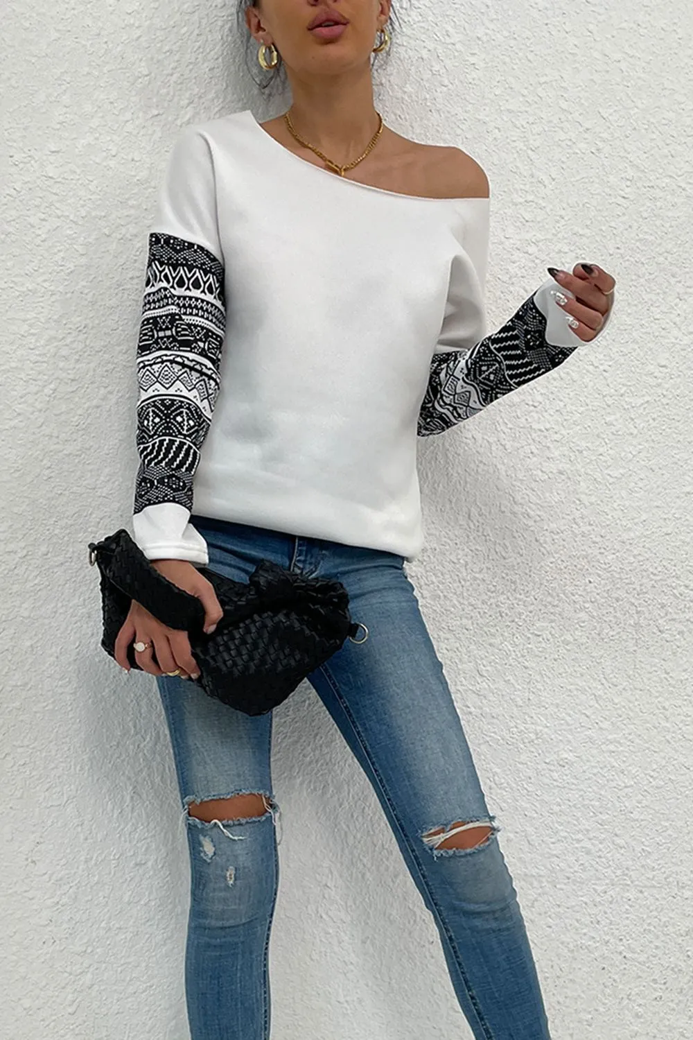* APP EXCLUSIVE* Boat Neck Long Printed Sleeve Blouse