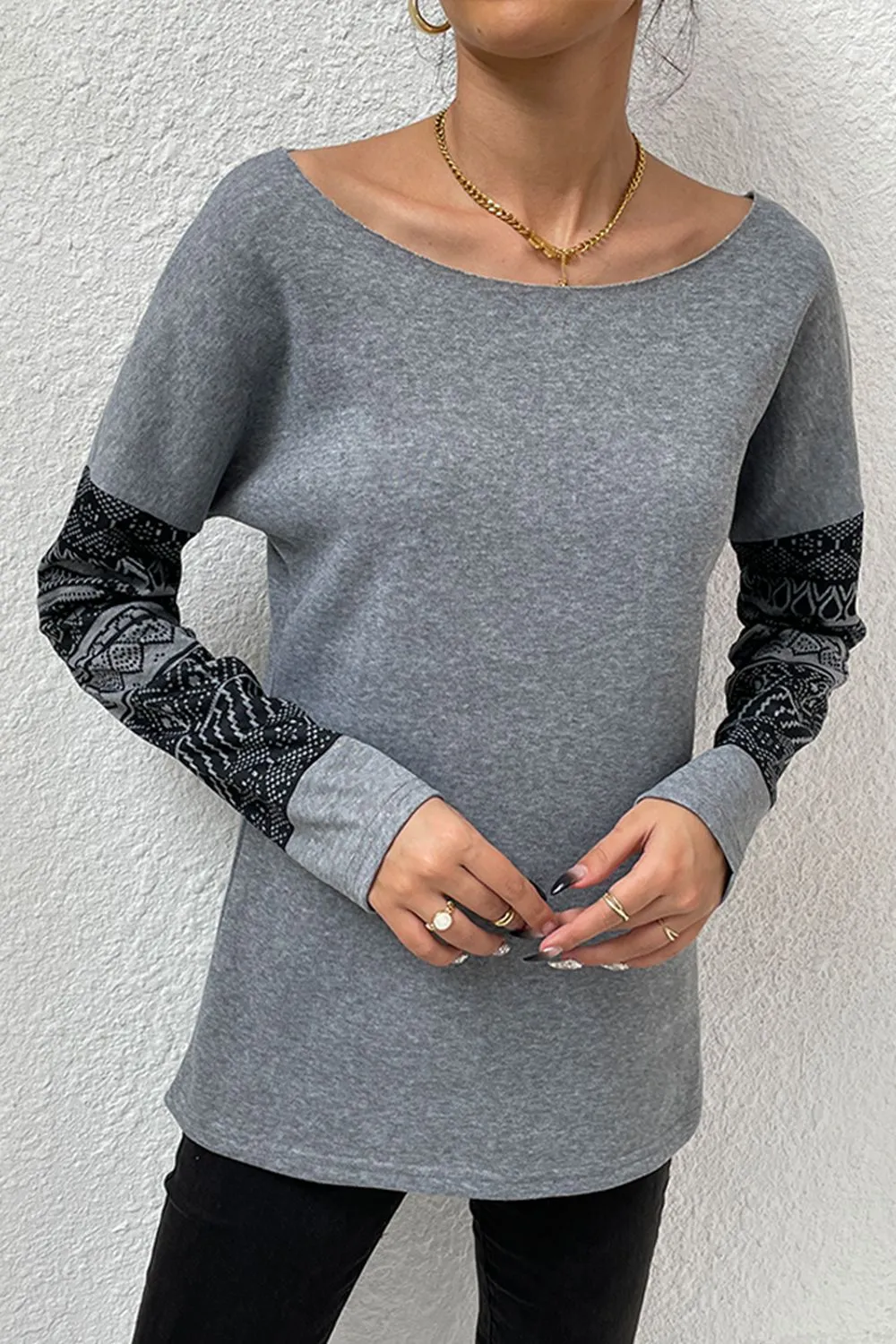 * APP EXCLUSIVE* Boat Neck Long Printed Sleeve Blouse