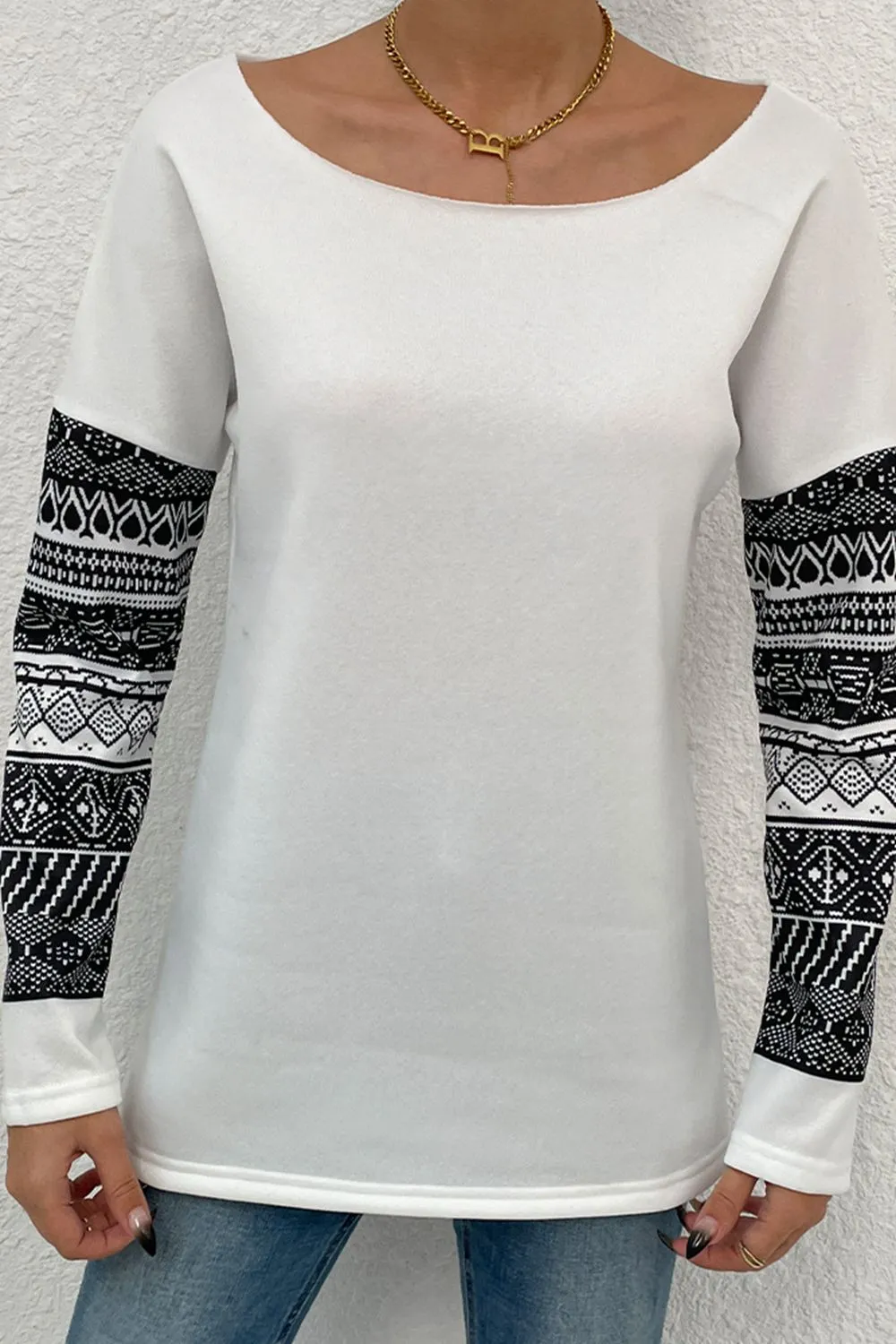 * APP EXCLUSIVE* Boat Neck Long Printed Sleeve Blouse