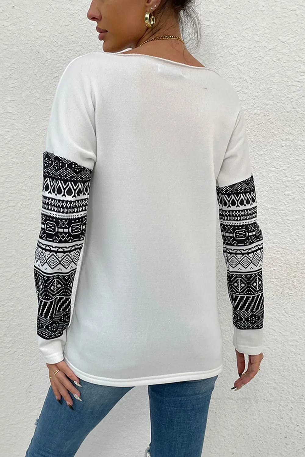 * APP EXCLUSIVE* Boat Neck Long Printed Sleeve Blouse