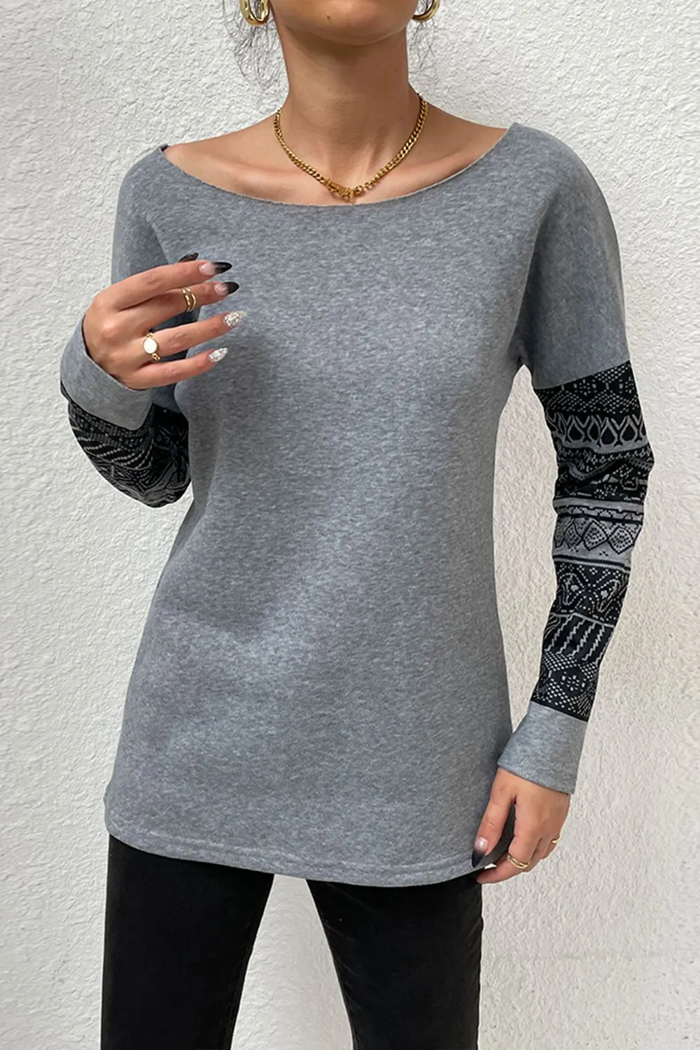 * APP EXCLUSIVE* Boat Neck Long Printed Sleeve Blouse
