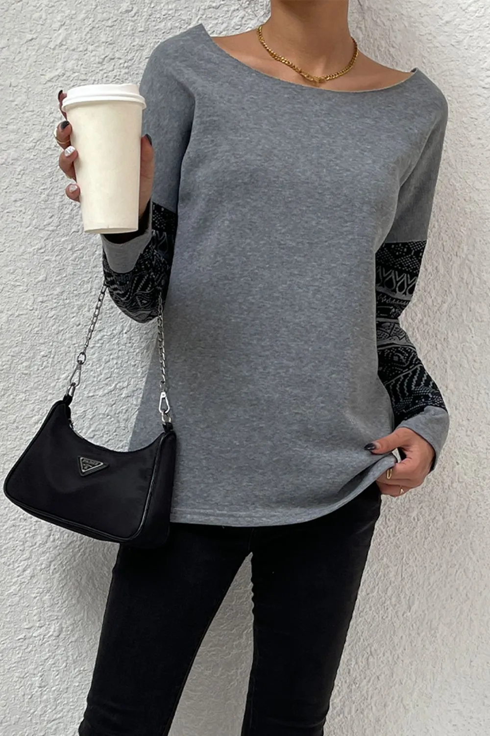 * APP EXCLUSIVE* Boat Neck Long Printed Sleeve Blouse