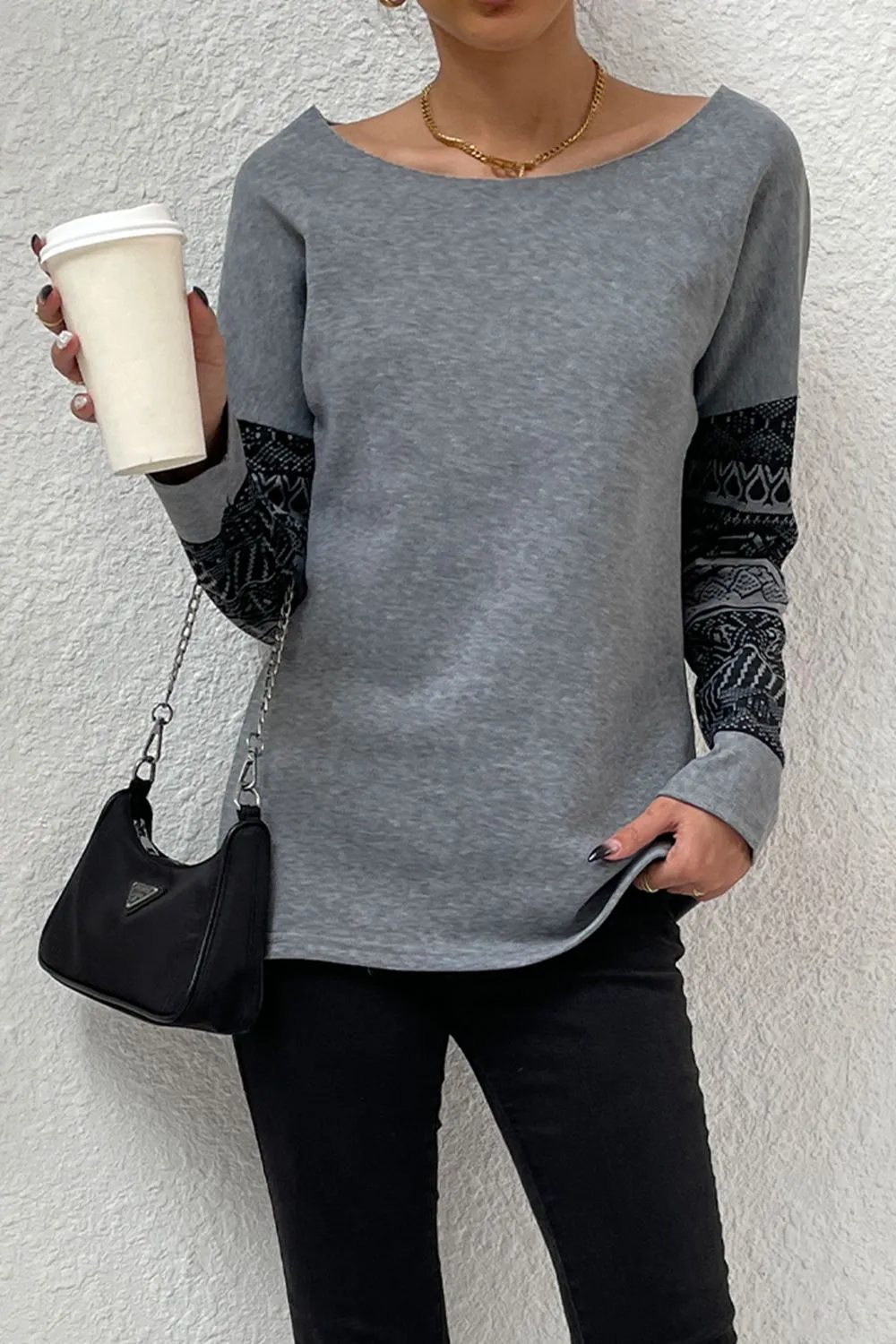 * APP EXCLUSIVE* Boat Neck Long Printed Sleeve Blouse