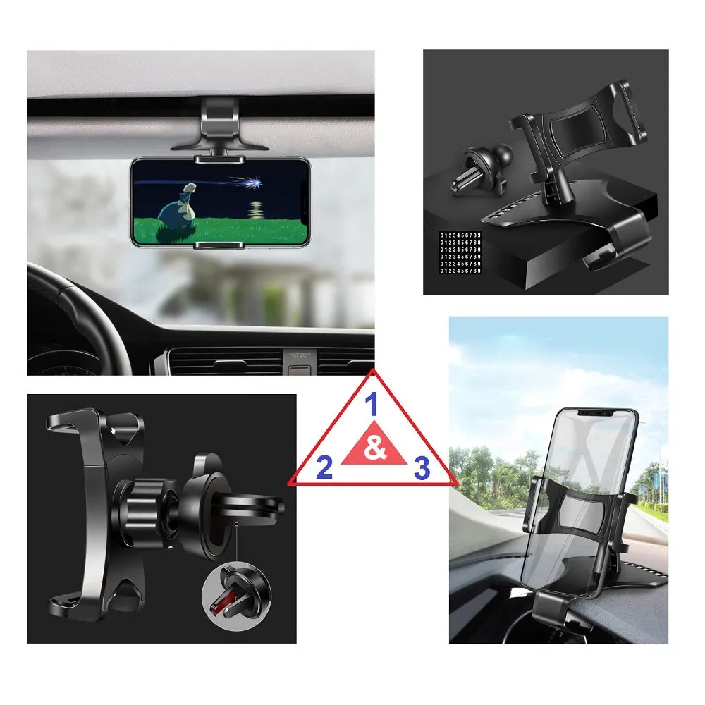 3 in 1 Car GPS Smartphone Holder: Dashboard / Visor Clamp   AC Grid Clip for BlackBerry 9900 Bold, Dakota - Black