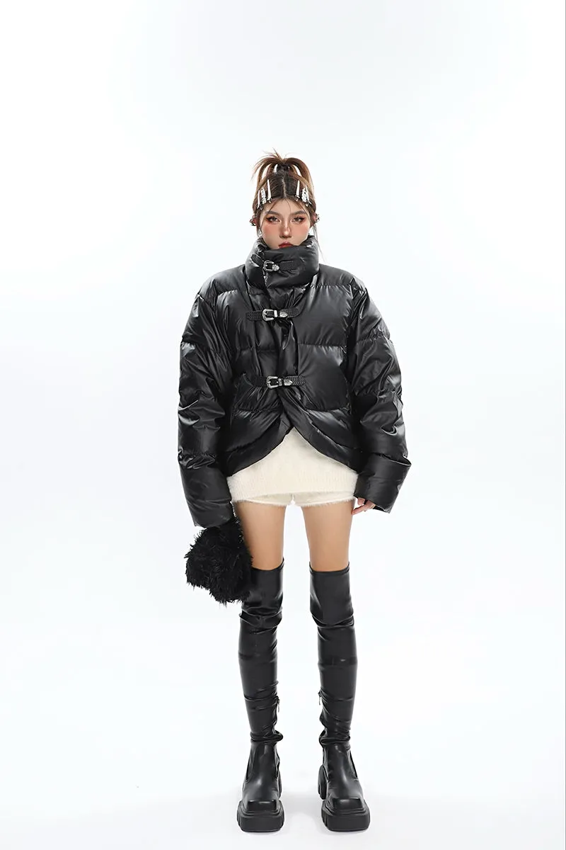 Aimee Solid Color Faux Leather Buckle Up Long Sleeve Puffer Jacket