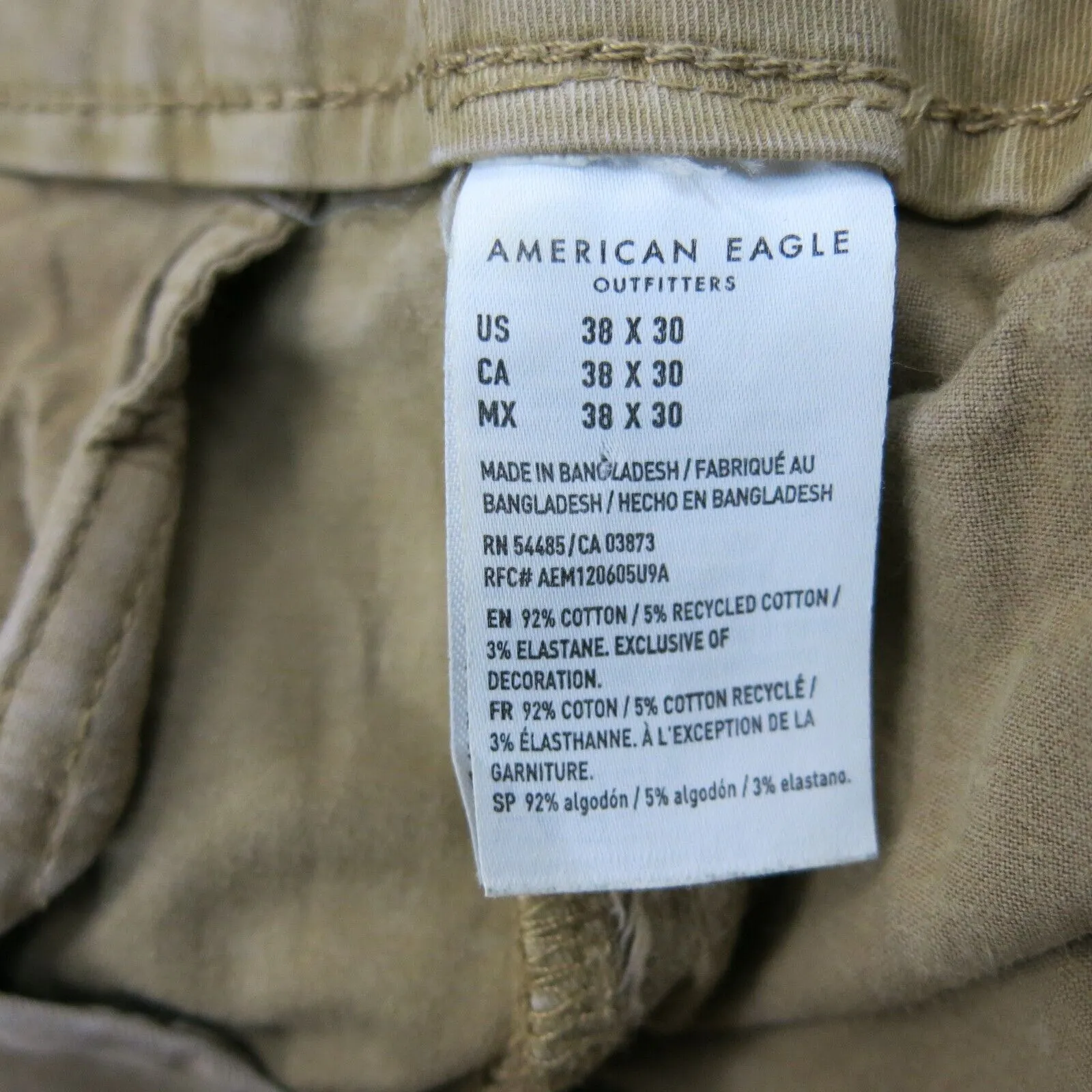 American Eagle Mens Chino Pants Straight Leg High Rise Camel Brown Size W38XL30