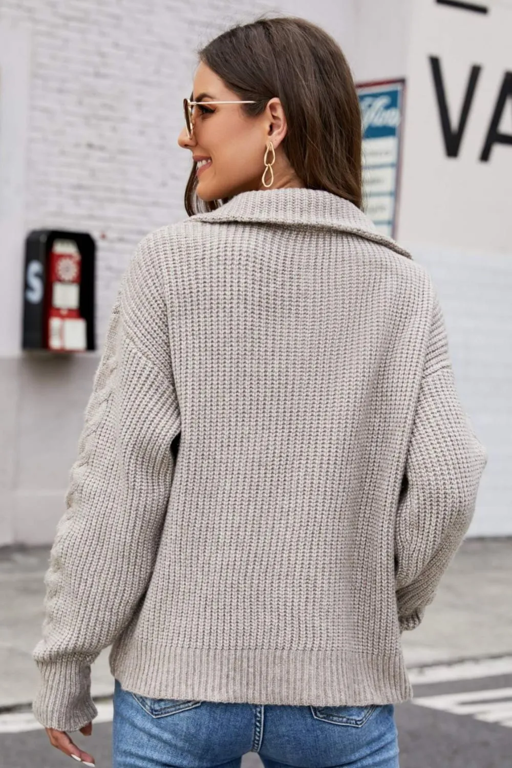 *App Exclusive* Half Zip Mixed Knit Collared Sweater