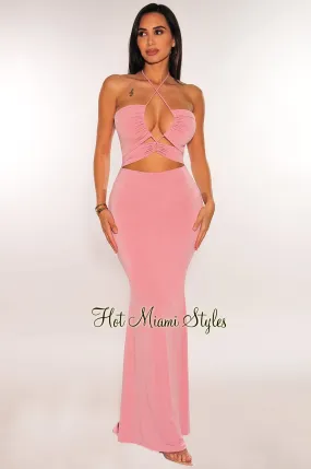 Blush Halter Keyhole Drawstring Cut Out Maxi Dress