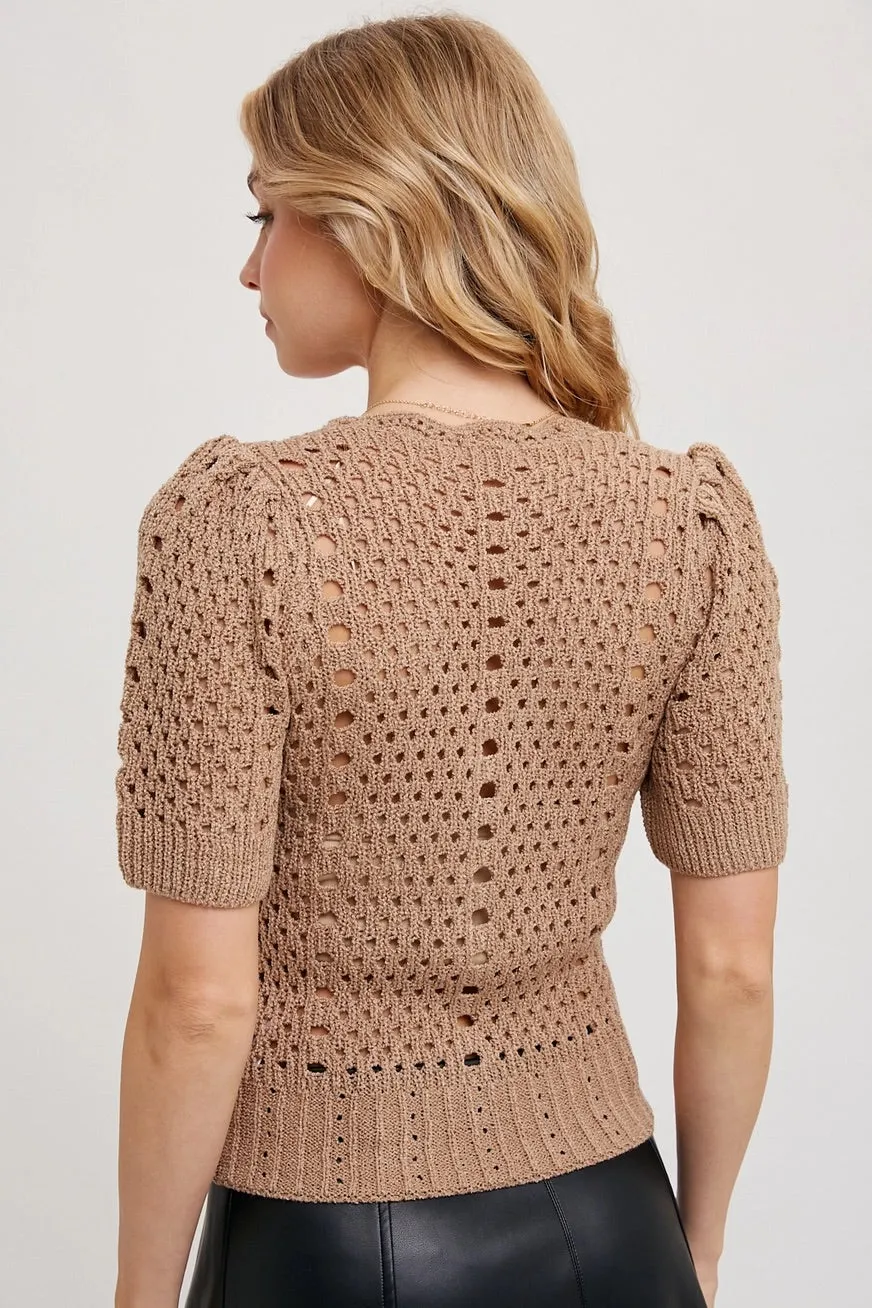 Boho-Chic Latte Knit Button Down Short Sleeve Top