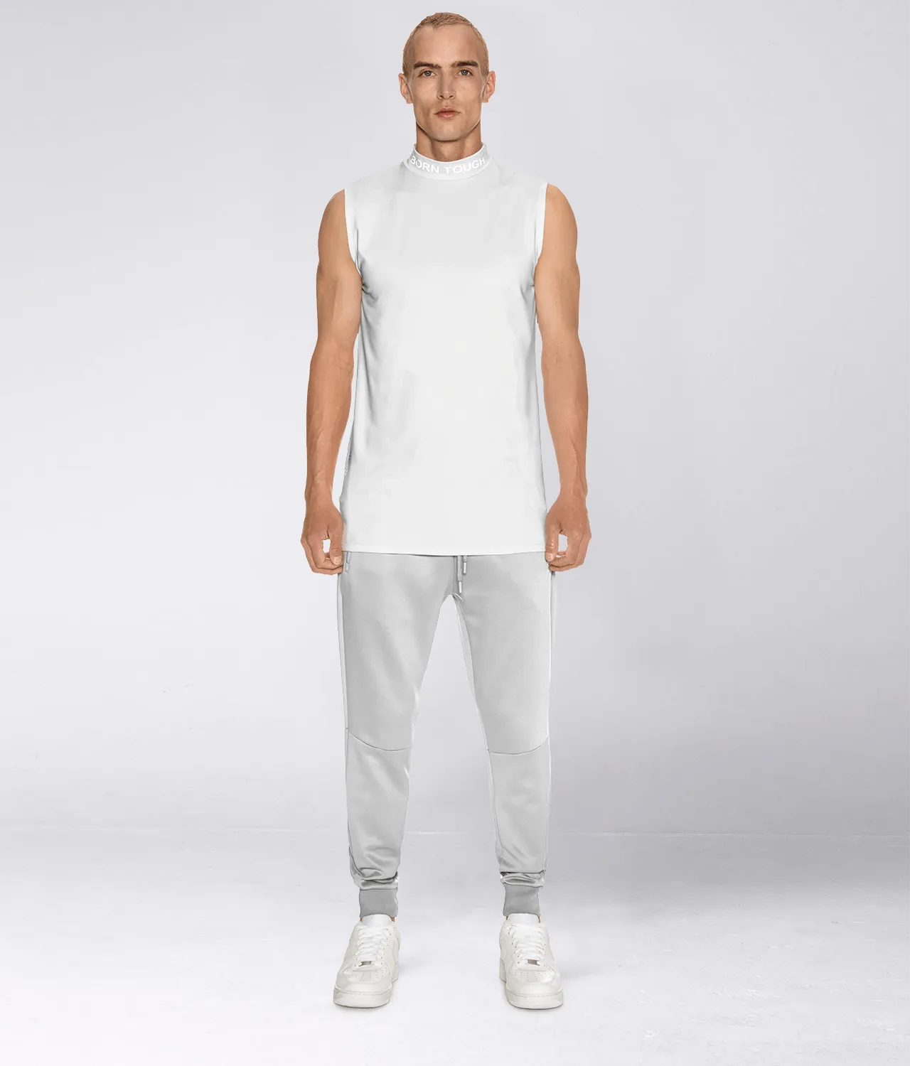 Born Tough Mock Neck Sleeveless Base Layer Bodybuilding Shirt For Men White