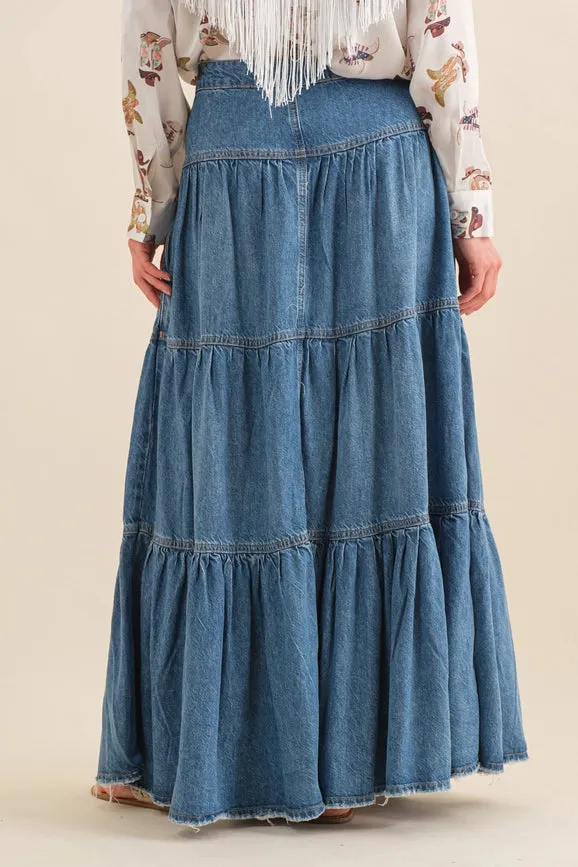 Chambray Tiered Button Up Maxi Skirt