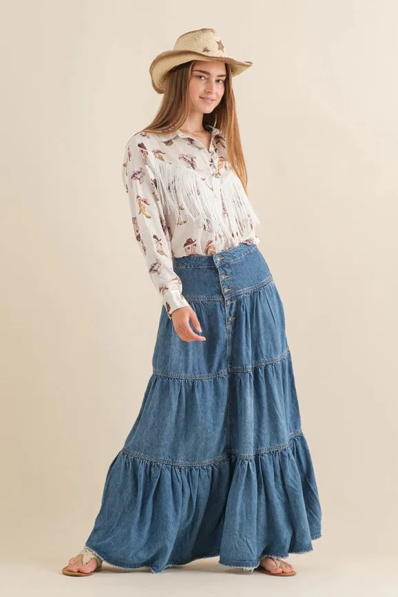 Chambray Tiered Button Up Maxi Skirt