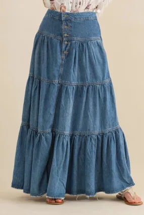 Chambray Tiered Button Up Maxi Skirt