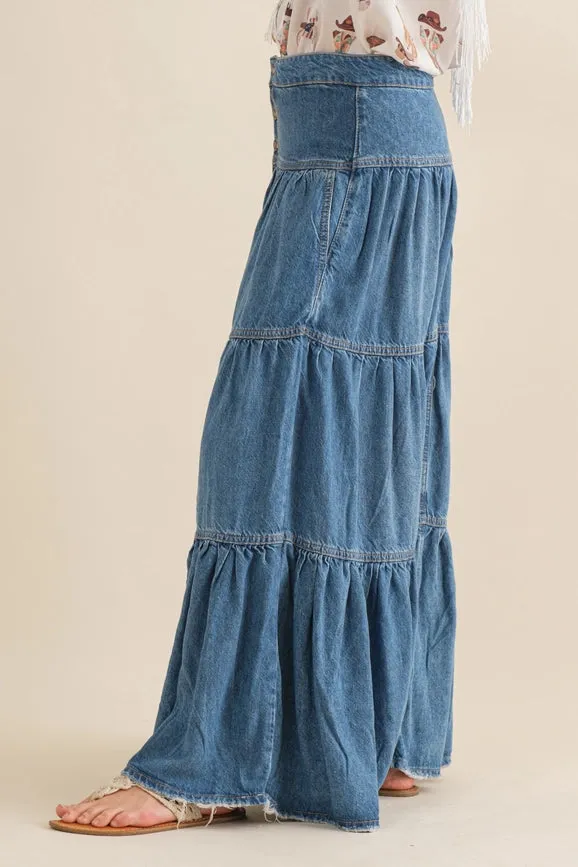 Chambray Tiered Button Up Maxi Skirt