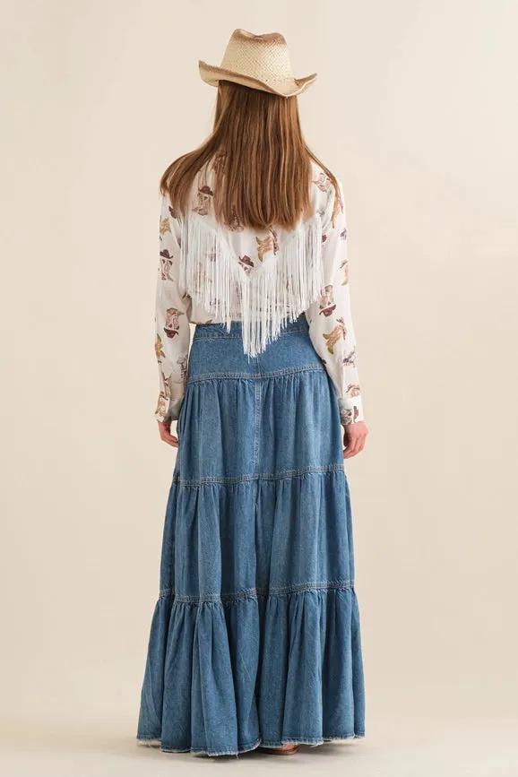 Chambray Tiered Button Up Maxi Skirt