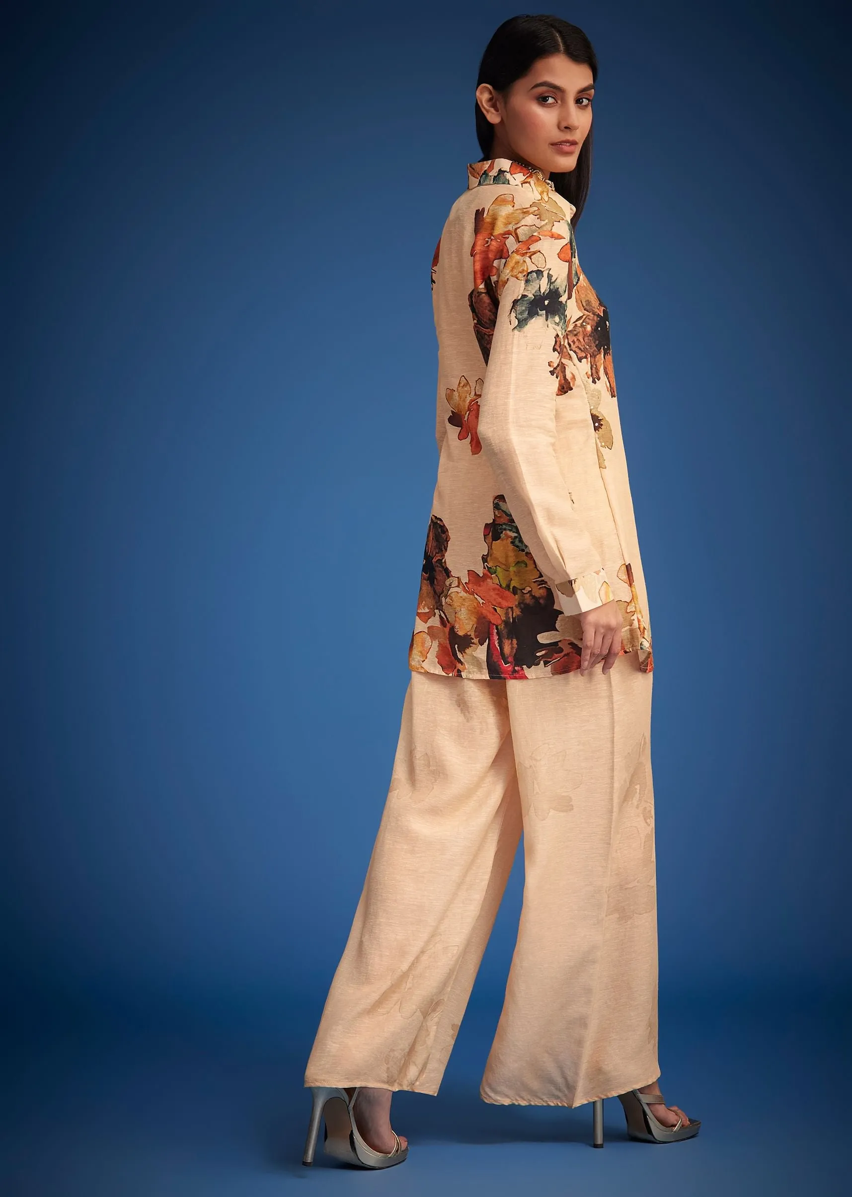 Cream Linen Floral Printed Embroidered Co Ord Set