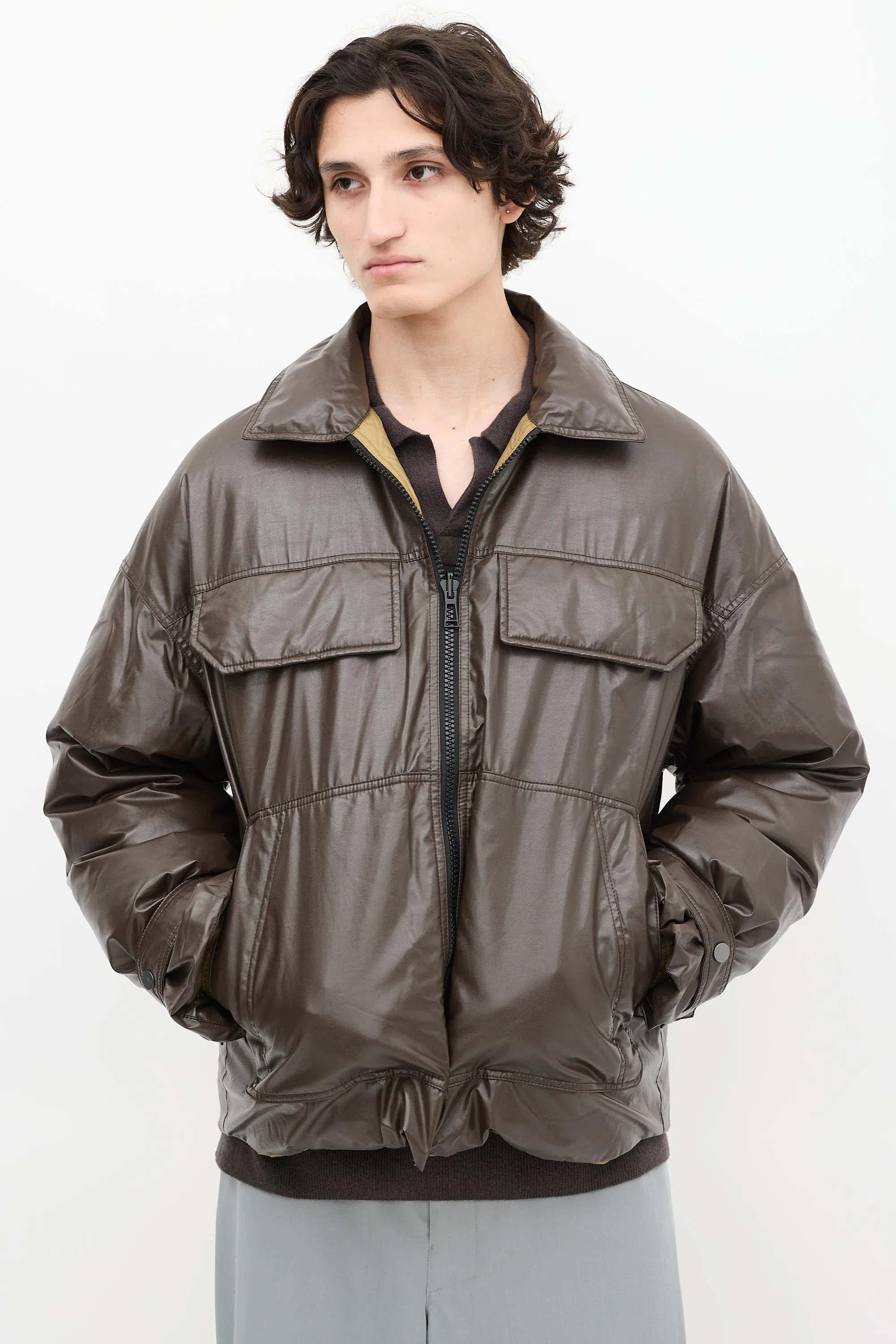 Dark Brown & Khaki Green Reversible Down Puffer Jacket
