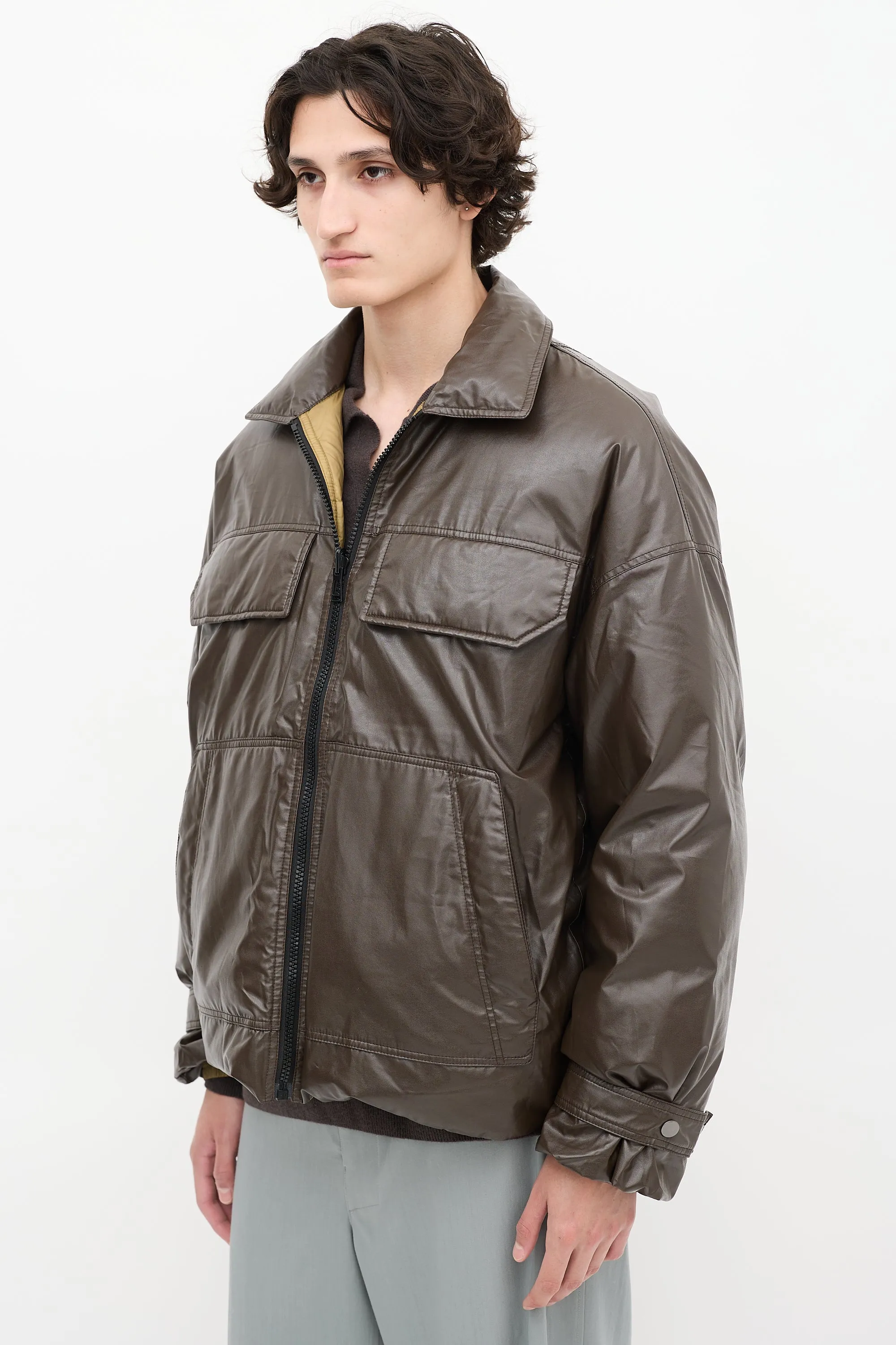Dark Brown & Khaki Green Reversible Down Puffer Jacket