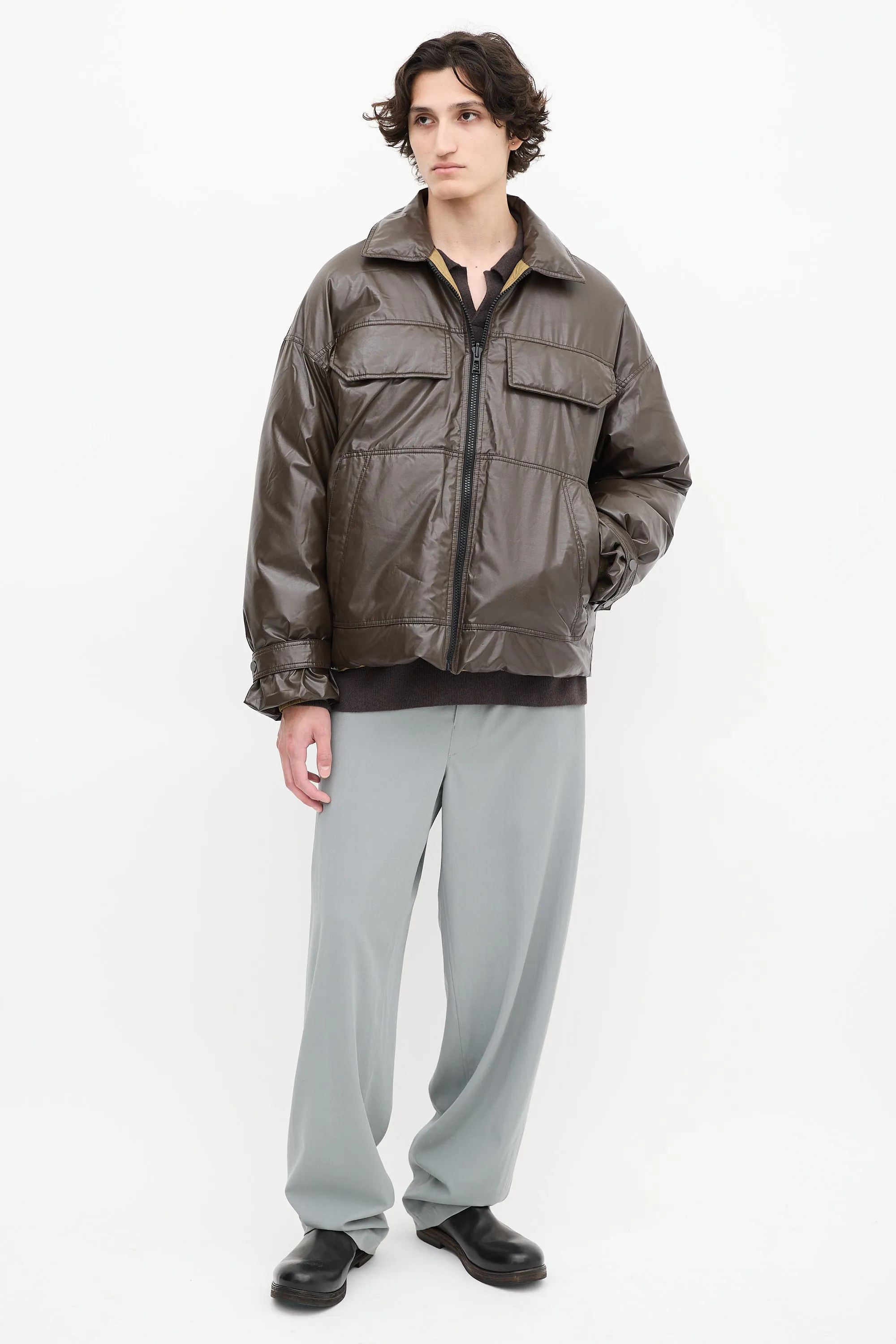Dark Brown & Khaki Green Reversible Down Puffer Jacket