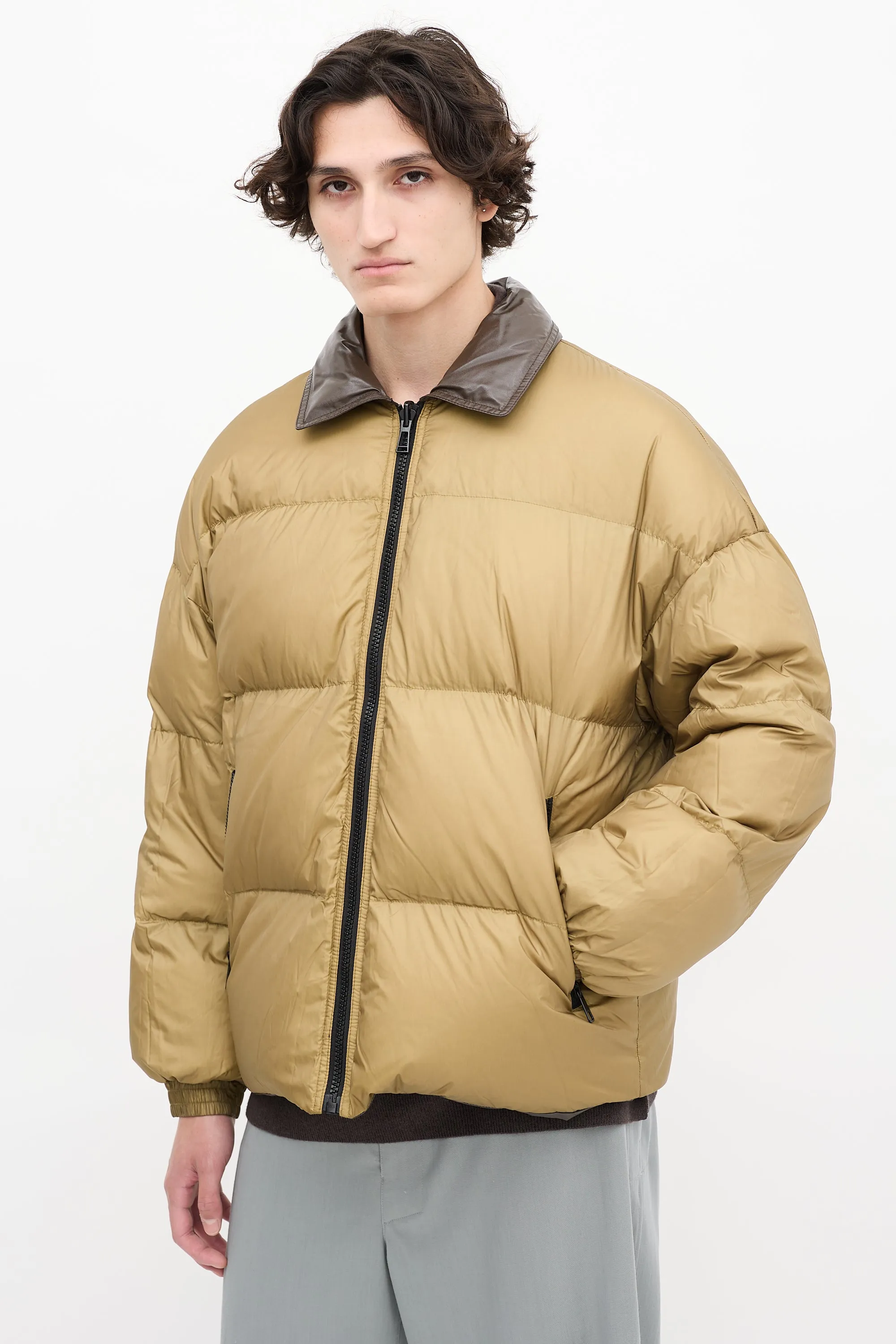 Dark Brown & Khaki Green Reversible Down Puffer Jacket