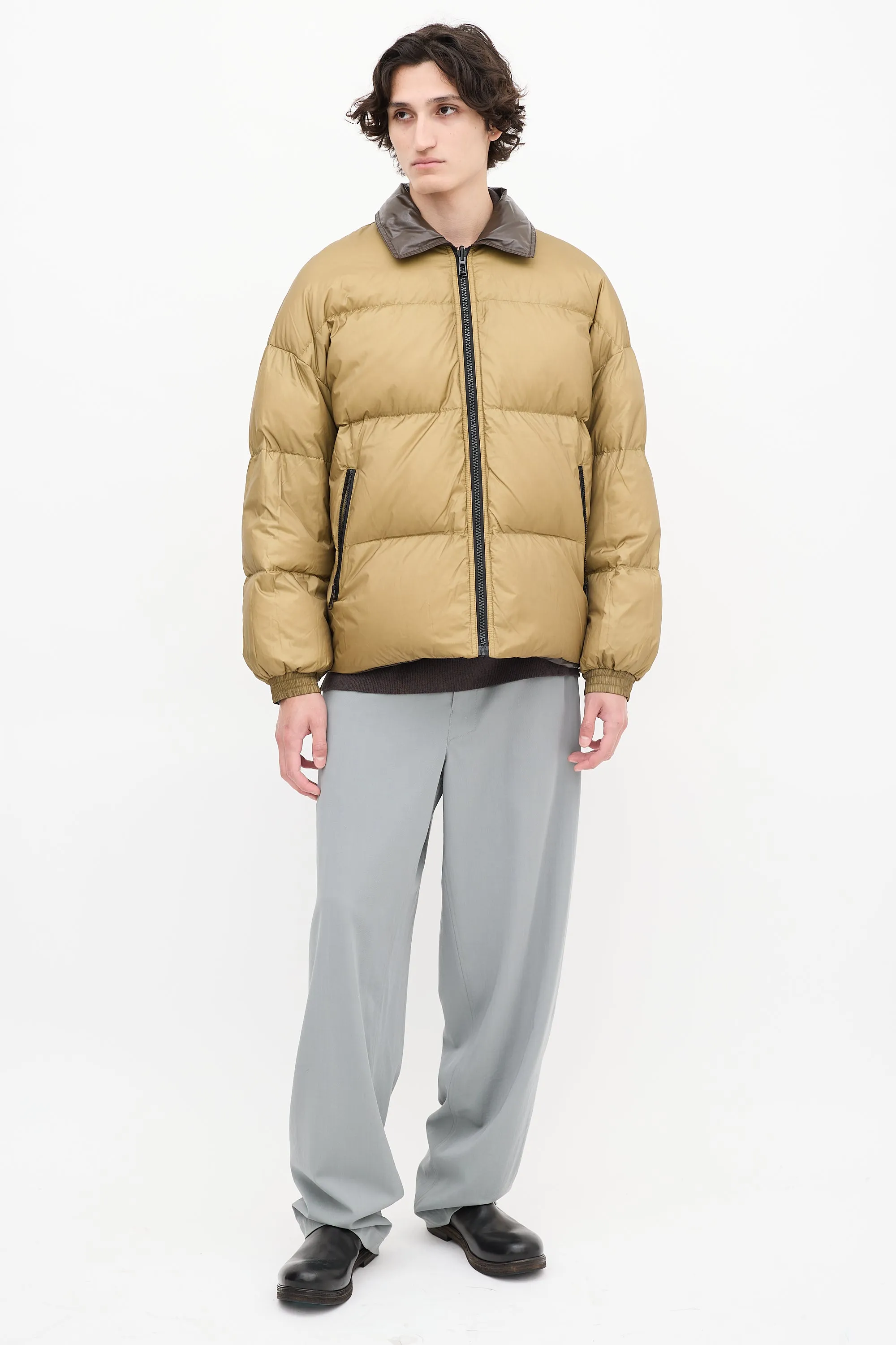 Dark Brown & Khaki Green Reversible Down Puffer Jacket