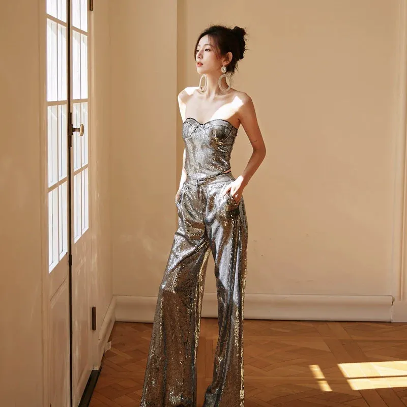 DOLLY Luxury strapless Sequin Top   Long Sequin High Waist Flare Pants suit setpantpa-THEA