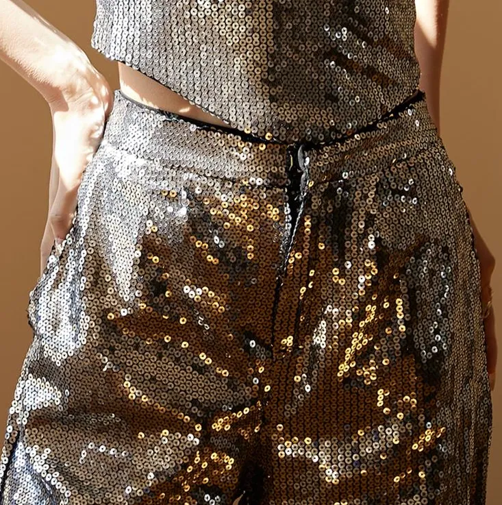 DOLLY Luxury strapless Sequin Top   Long Sequin High Waist Flare Pants suit setpantpa-THEA