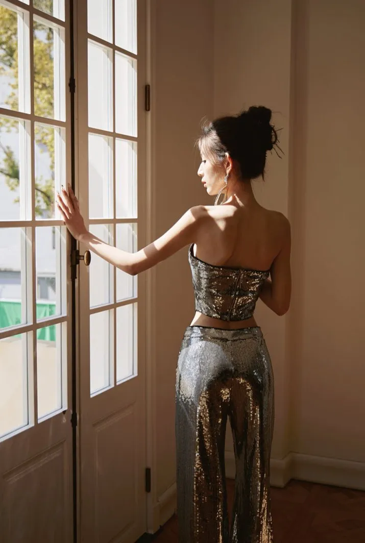 DOLLY Luxury strapless Sequin Top   Long Sequin High Waist Flare Pants suit setpantpa-THEA