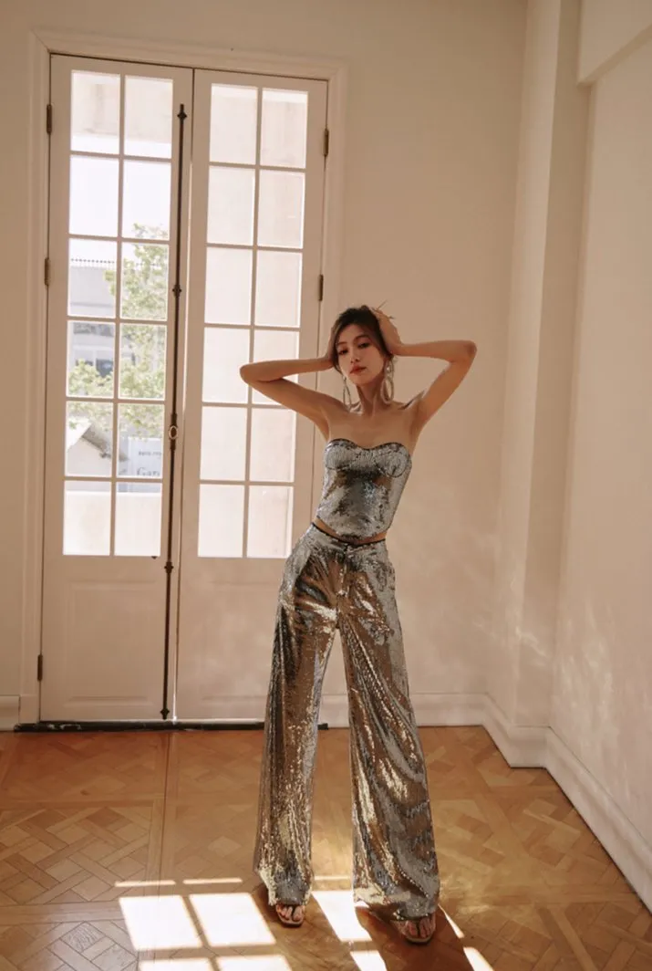 DOLLY Luxury strapless Sequin Top   Long Sequin High Waist Flare Pants suit setpantpa-THEA