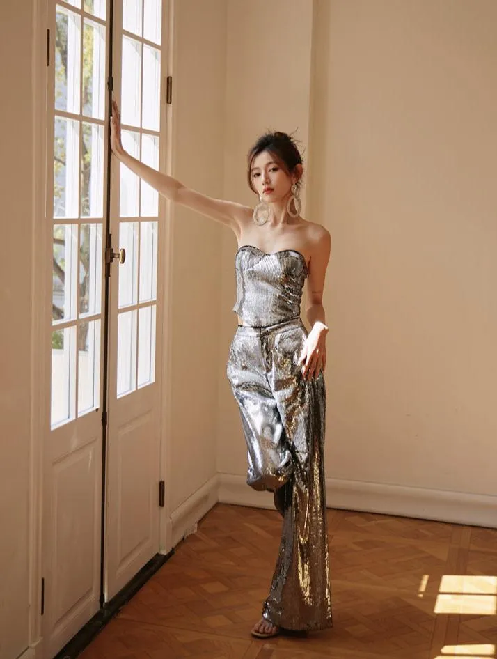 DOLLY Luxury strapless Sequin Top   Long Sequin High Waist Flare Pants suit setpantpa-THEA