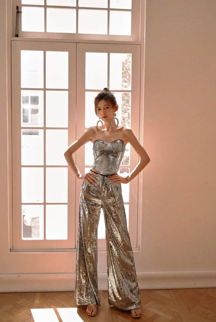 DOLLY Luxury strapless Sequin Top   Long Sequin High Waist Flare Pants suit setpantpa-THEA