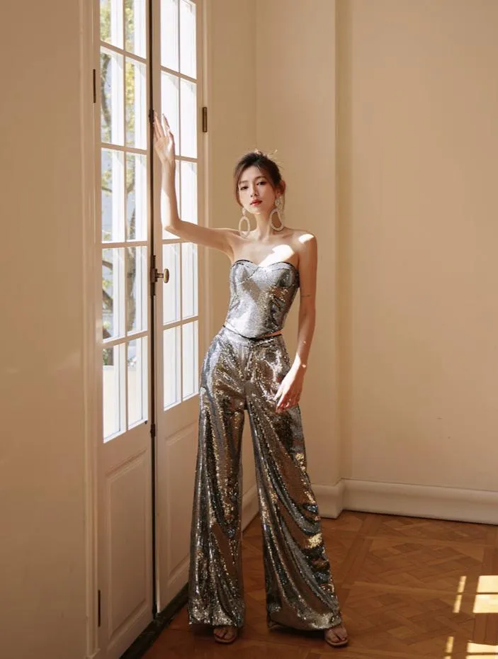 DOLLY Luxury strapless Sequin Top   Long Sequin High Waist Flare Pants suit setpantpa-THEA