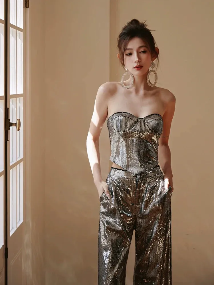 DOLLY Luxury strapless Sequin Top   Long Sequin High Waist Flare Pants suit setpantpa-THEA