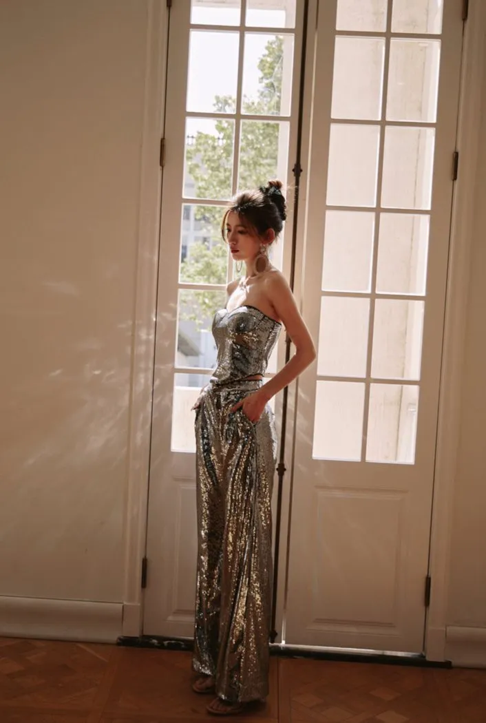 DOLLY Luxury strapless Sequin Top   Long Sequin High Waist Flare Pants suit setpantpa-THEA