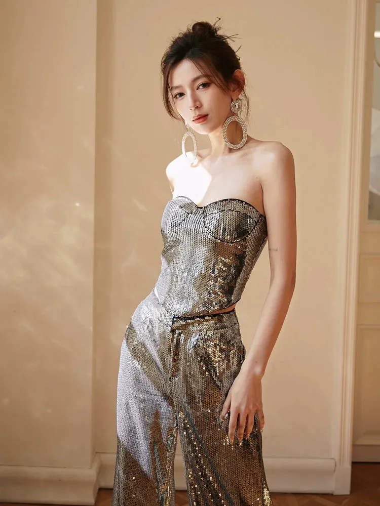 DOLLY Luxury strapless Sequin Top   Long Sequin High Waist Flare Pants suit setpantpa-THEA