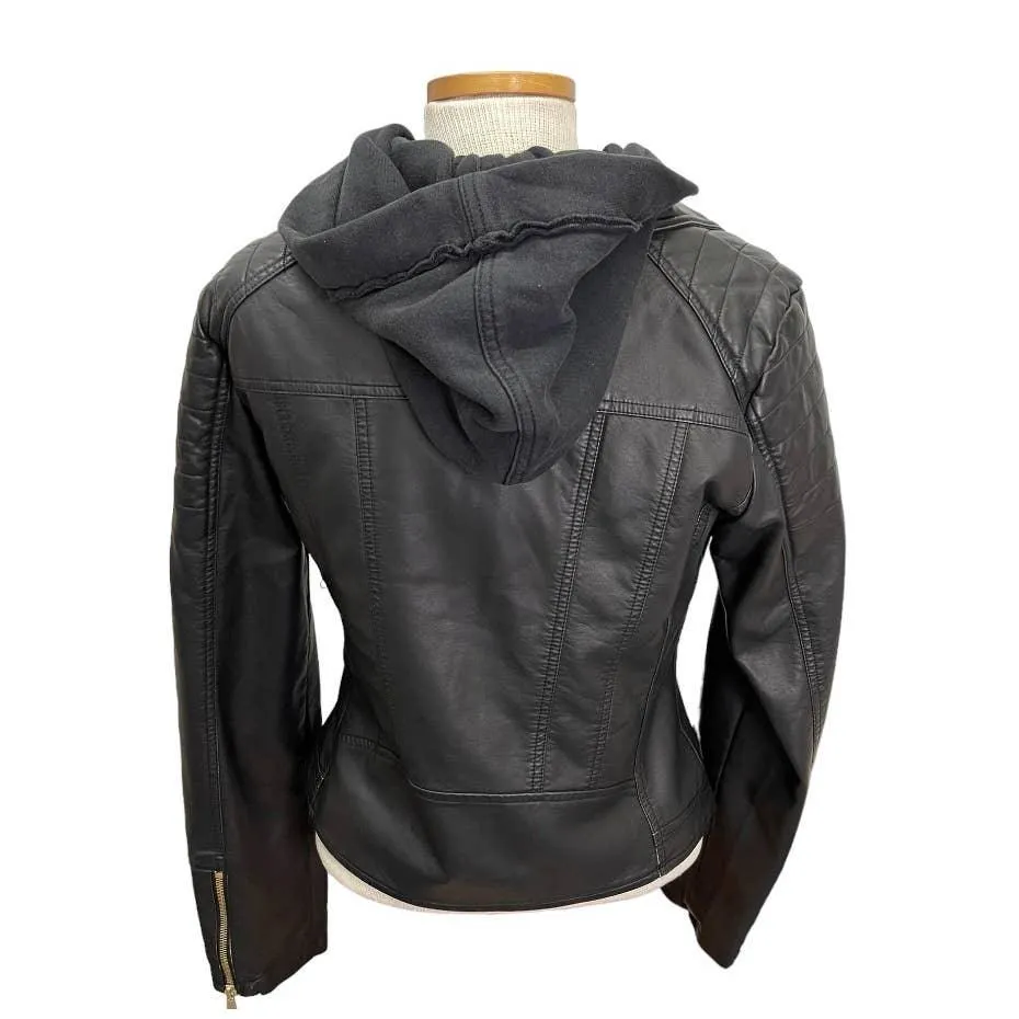Free People Harriet Vegan Hoodie Motorcycle Moto Zip Jacket Black M