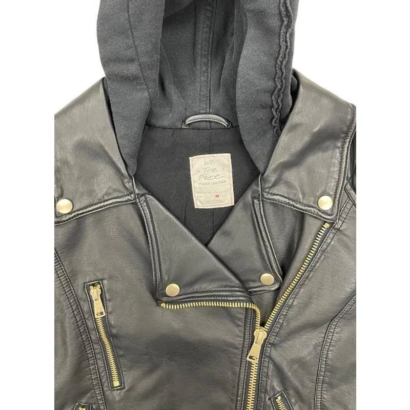 Free People Harriet Vegan Hoodie Motorcycle Moto Zip Jacket Black M