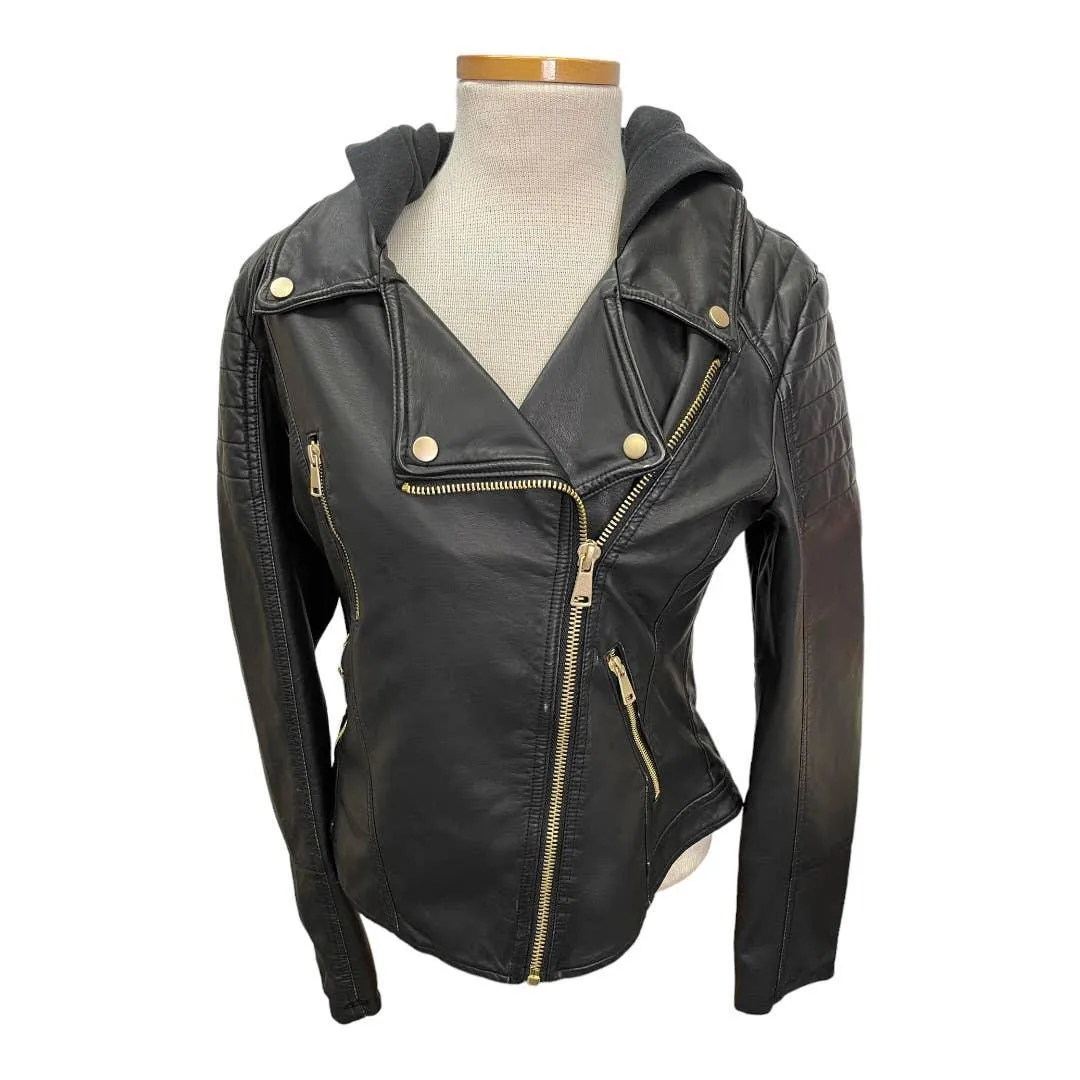 Free People Harriet Vegan Hoodie Motorcycle Moto Zip Jacket Black M