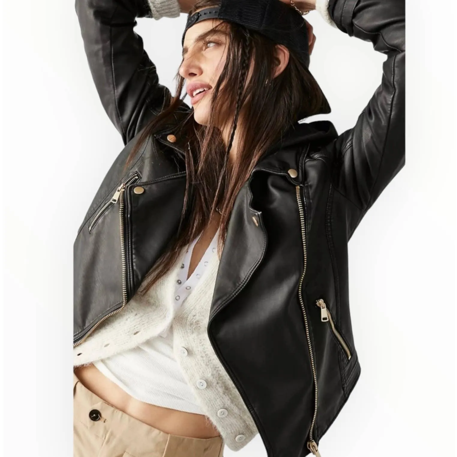 Free People Harriet Vegan Hoodie Motorcycle Moto Zip Jacket Black M