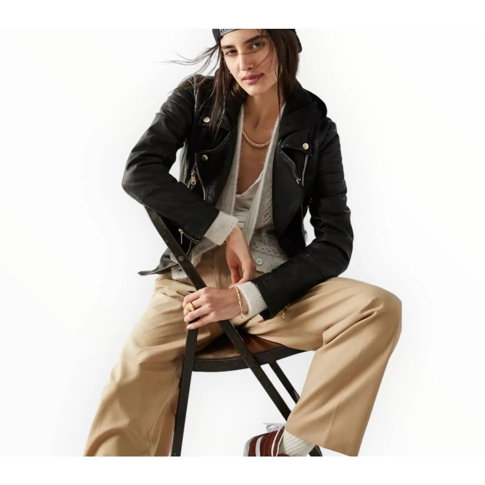 Free People Harriet Vegan Hoodie Motorcycle Moto Zip Jacket Black M