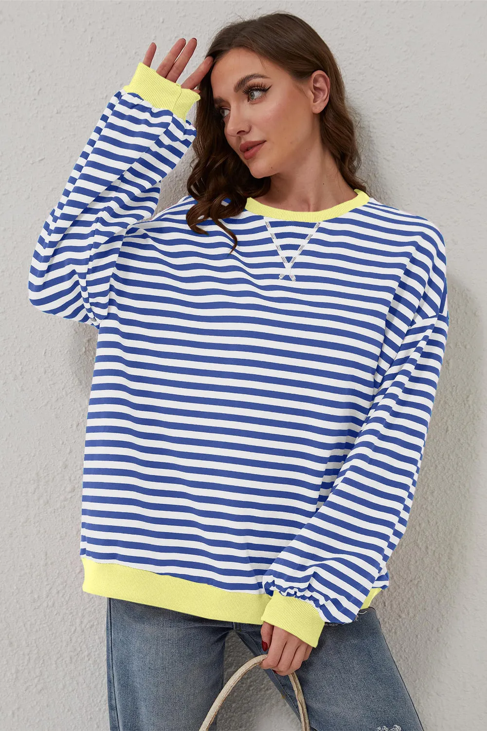 Green Stripe Oversized Contrast Trim Pullover Sweatshirt