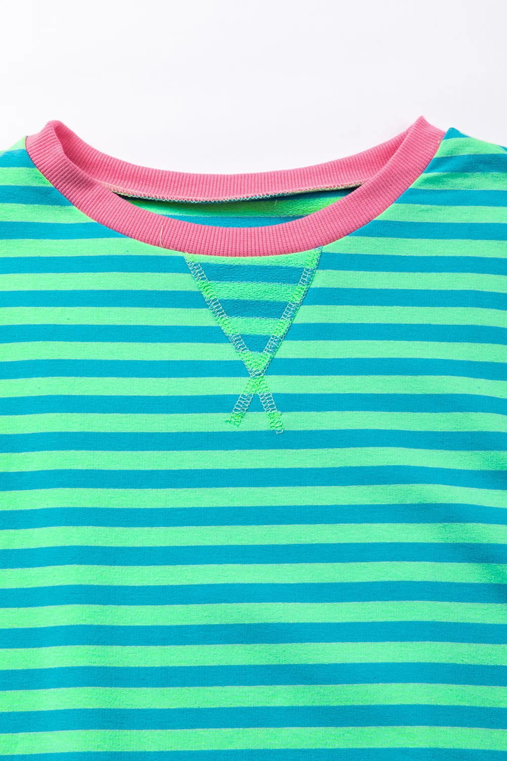 Green Stripe Oversized Contrast Trim Pullover Sweatshirt