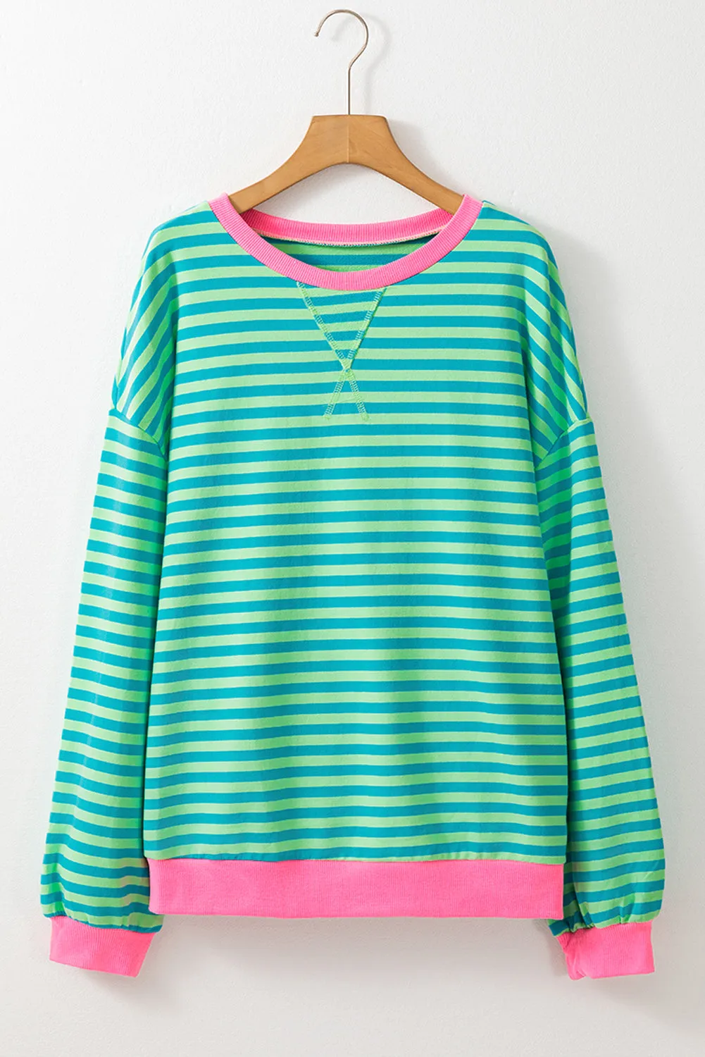 Green Stripe Oversized Contrast Trim Pullover Sweatshirt