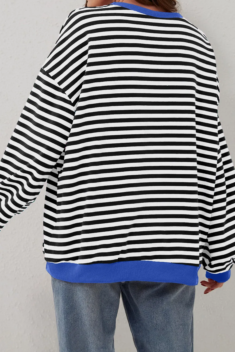 Green Stripe Oversized Contrast Trim Pullover Sweatshirt