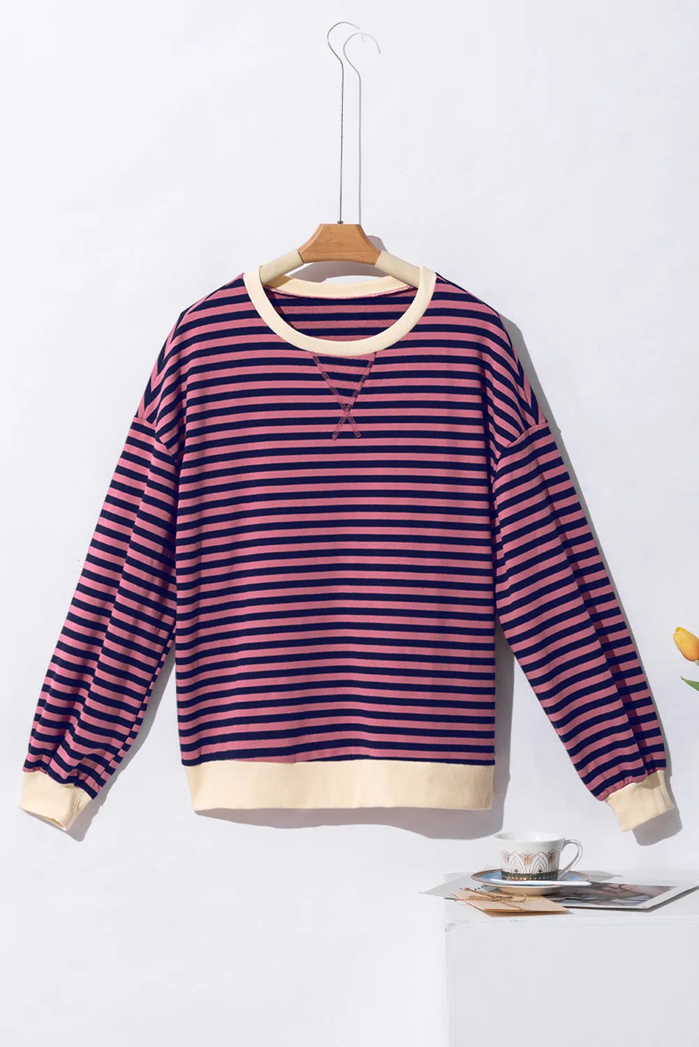 Green Stripe Oversized Contrast Trim Pullover Sweatshirt