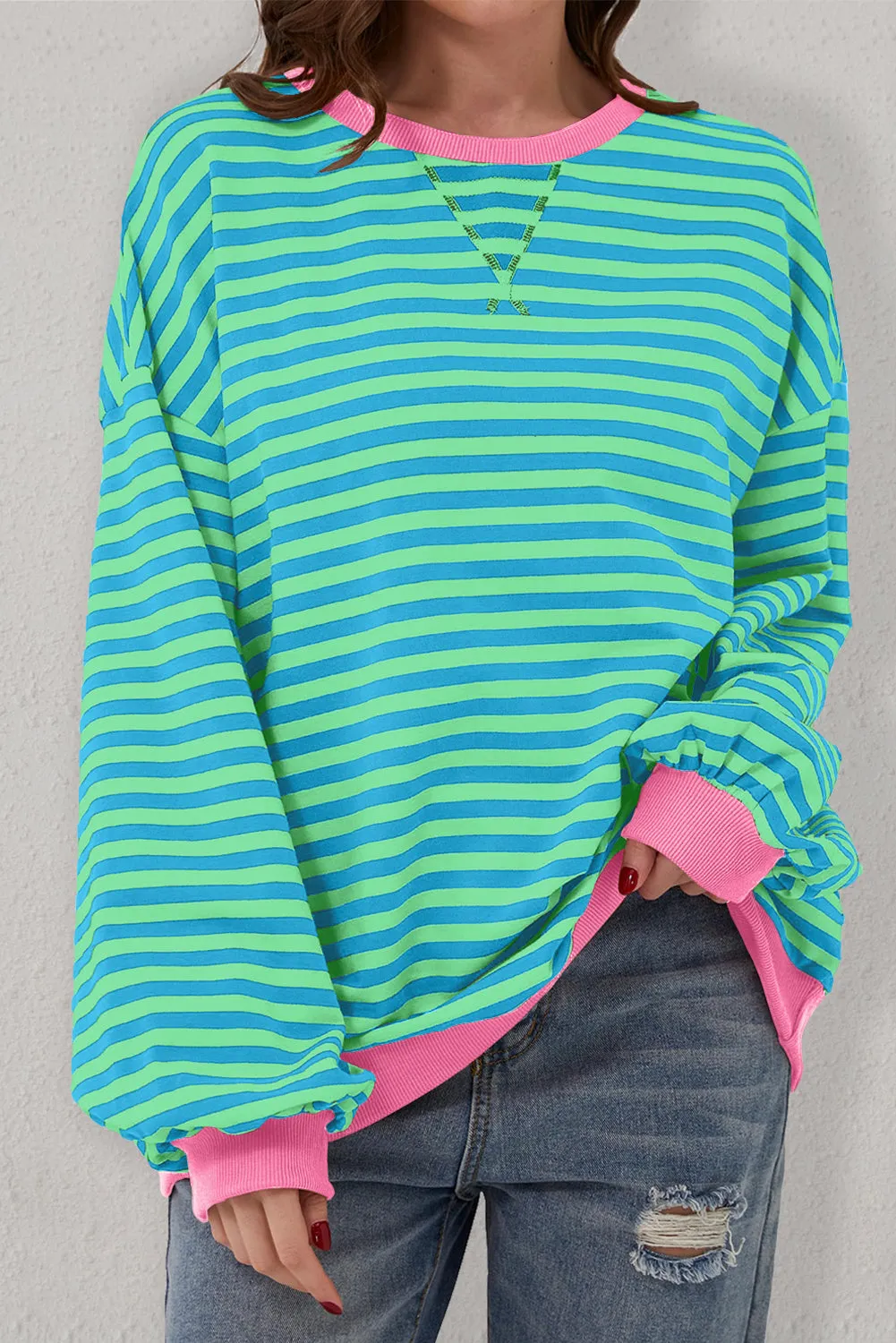 Green Stripe Oversized Contrast Trim Pullover Sweatshirt