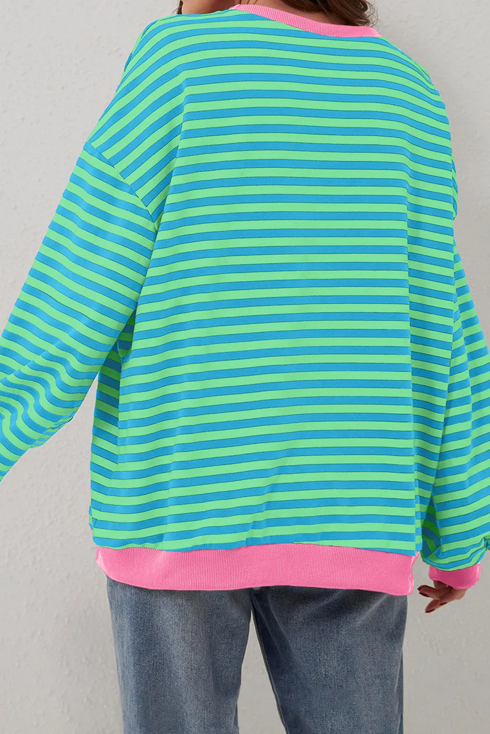 Green Stripe Oversized Contrast Trim Pullover Sweatshirt