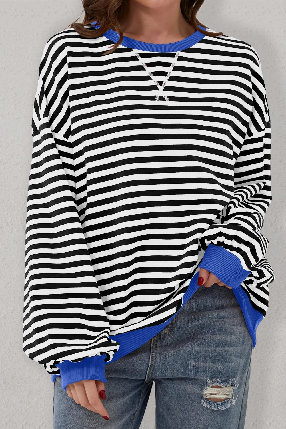 Green Stripe Oversized Contrast Trim Pullover Sweatshirt