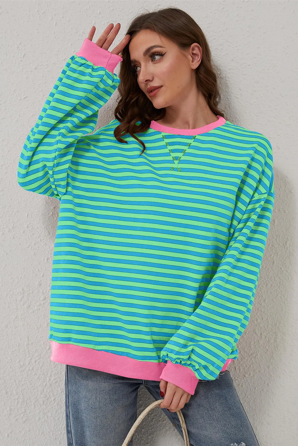 Green Stripe Oversized Contrast Trim Pullover Sweatshirt
